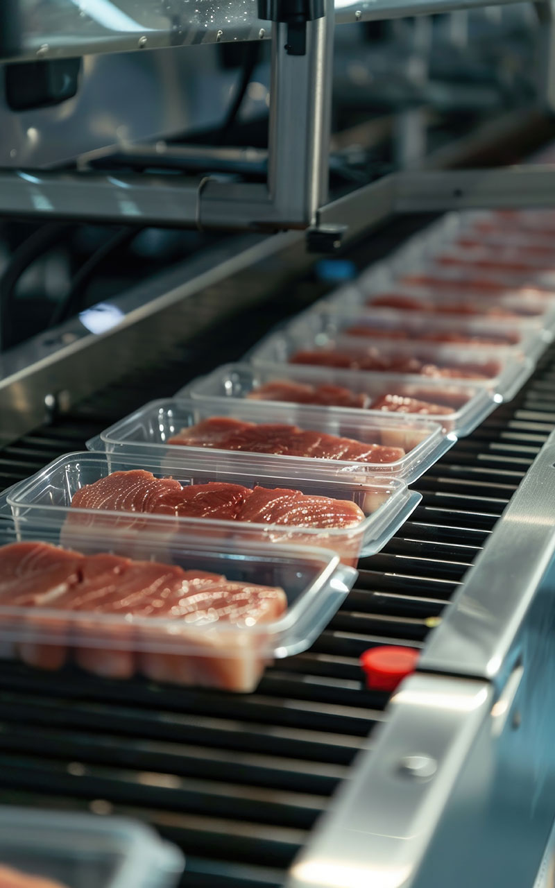 Meat being transported along conveyor belt