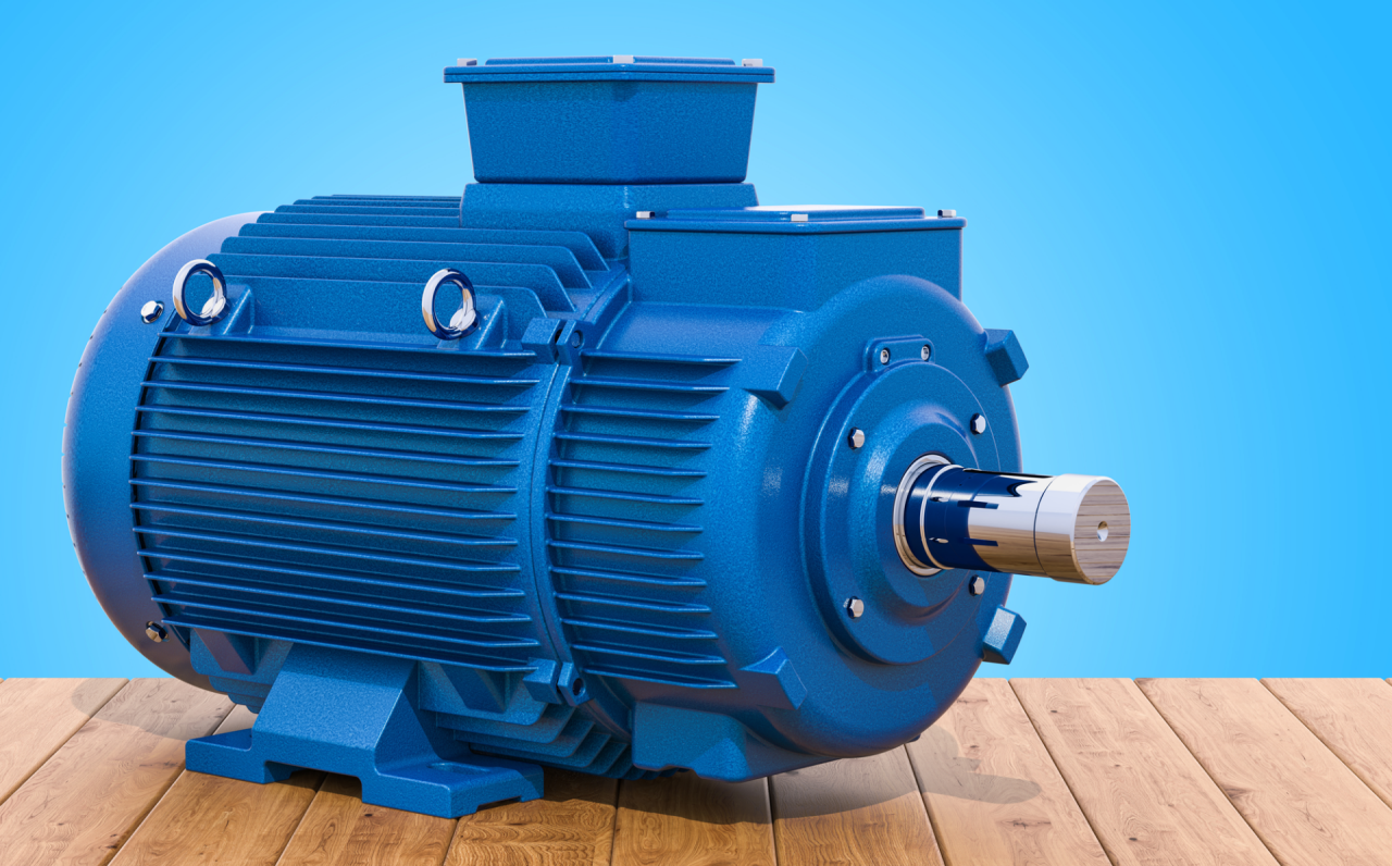 Blue industrial electric motor on the wooden table, 3D rendering