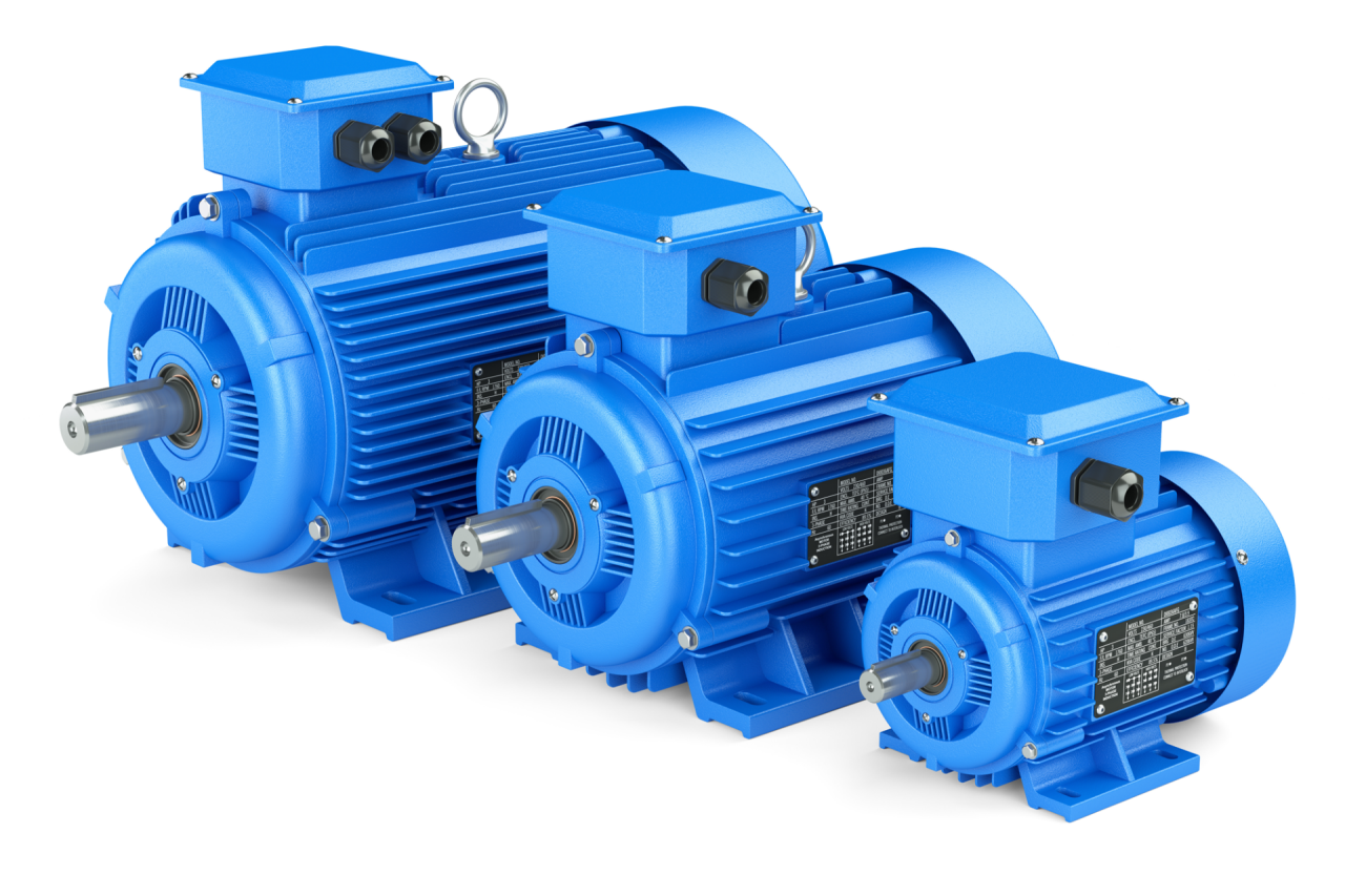 Group of blue electric industrial motors. Isolated on white background 3d